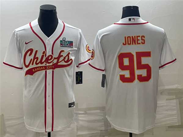 Men's Kansas City Chiefs #95 Chris Jones White With Super Bowl LVII Patch Cool Base Stitched Baseball Jersey